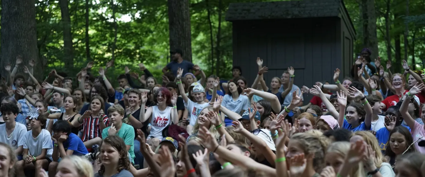 Large group of campers outdoors at Camp Piomingo