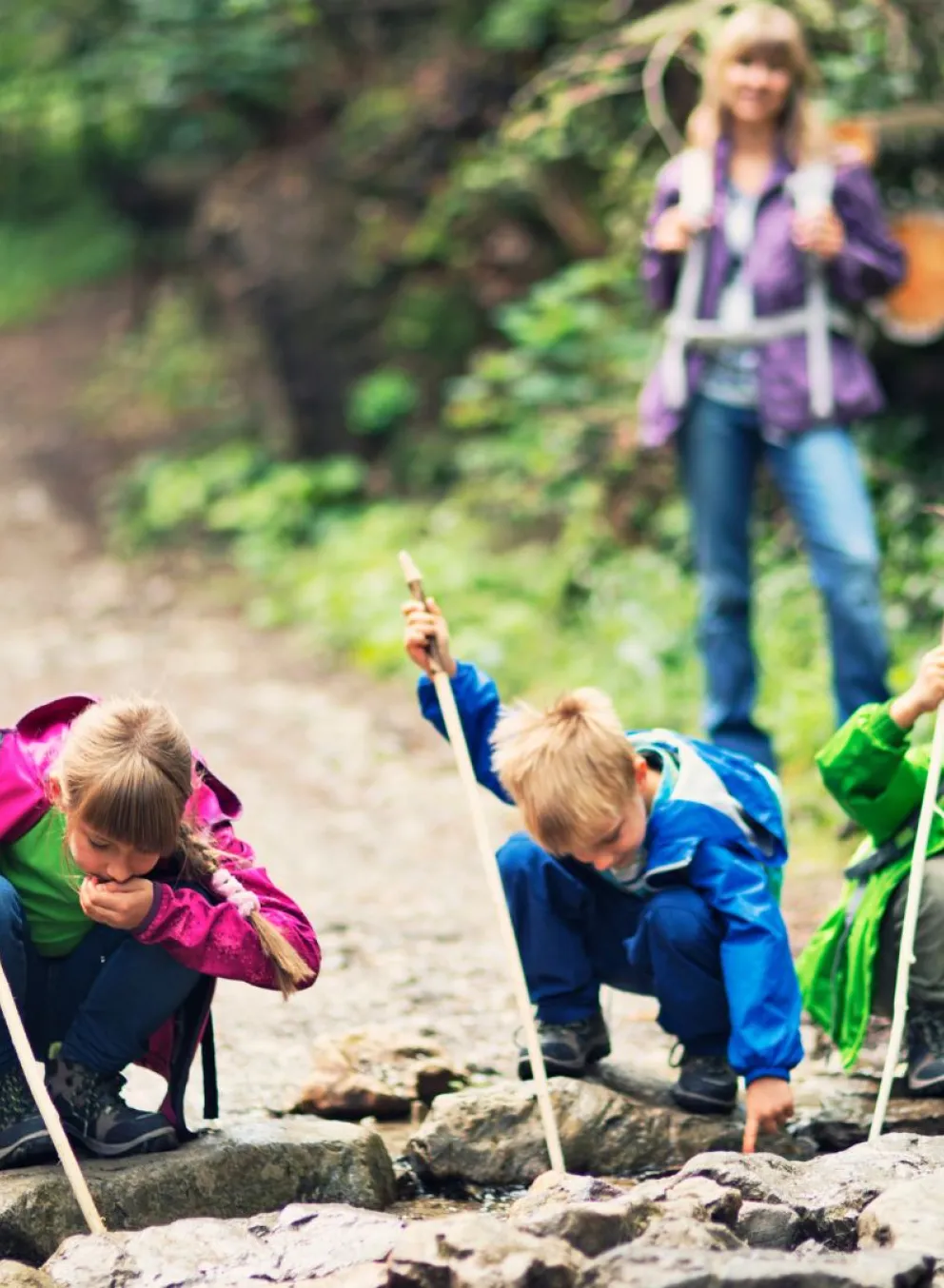 Group of kids having fun together in the woods